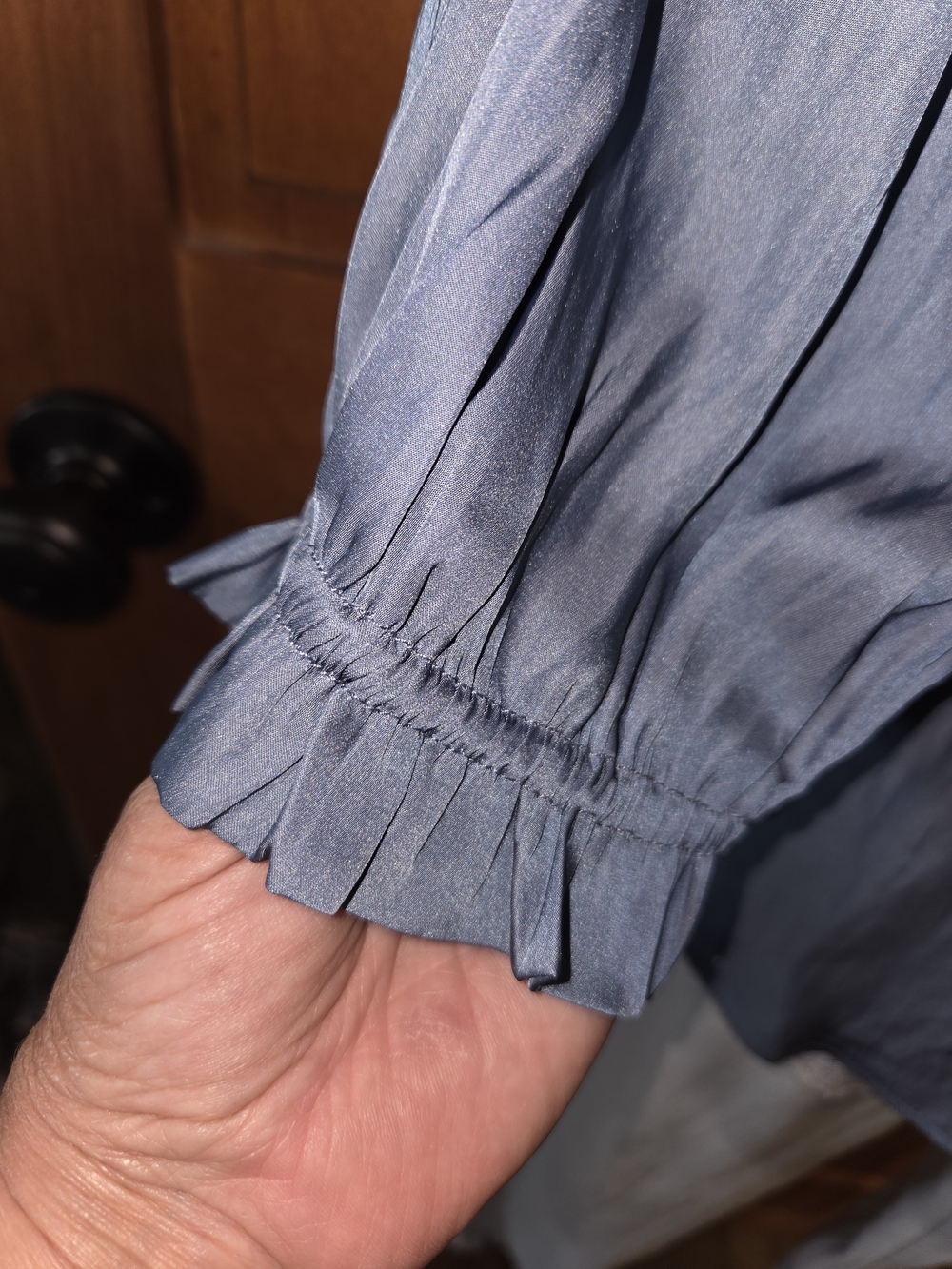 Carmen Marc Valvo Slate-Blue V-Neck Peasant Blouse with Ties - Picture 3 of 7